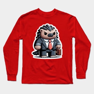 A cartoon pangolin with an oversized head wearing a tie and carrying a briefcase. Long Sleeve T-Shirt